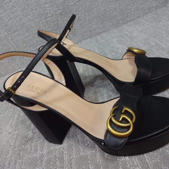 Gucci Marmont Double G Women's Size 39 EU Black Leather High Heel Sandals Shoes - Picture 6 of 14